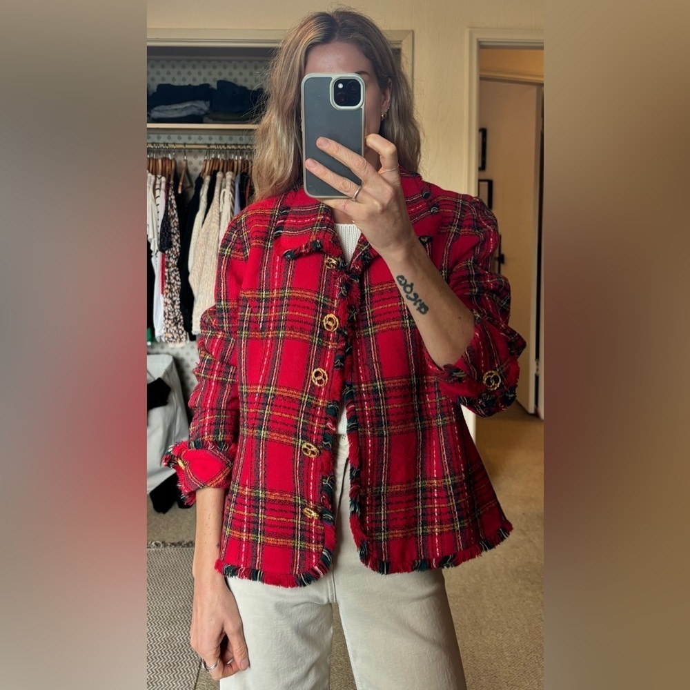 Vintage Red Tweed Plaid Knit Woven Raw Hem Fringe Blazer Jacket Gold Buttons - Picture 4 of 12